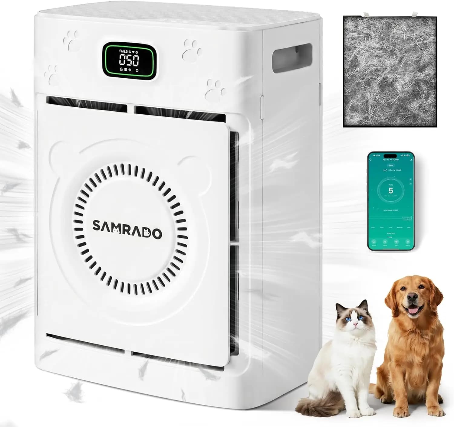 Purificatore d'aria intelligente per peli di animali domestici per ambienti di grandi dimensioni, filtro HEPA H13, controllo Wi-Fi, rete lavabile
