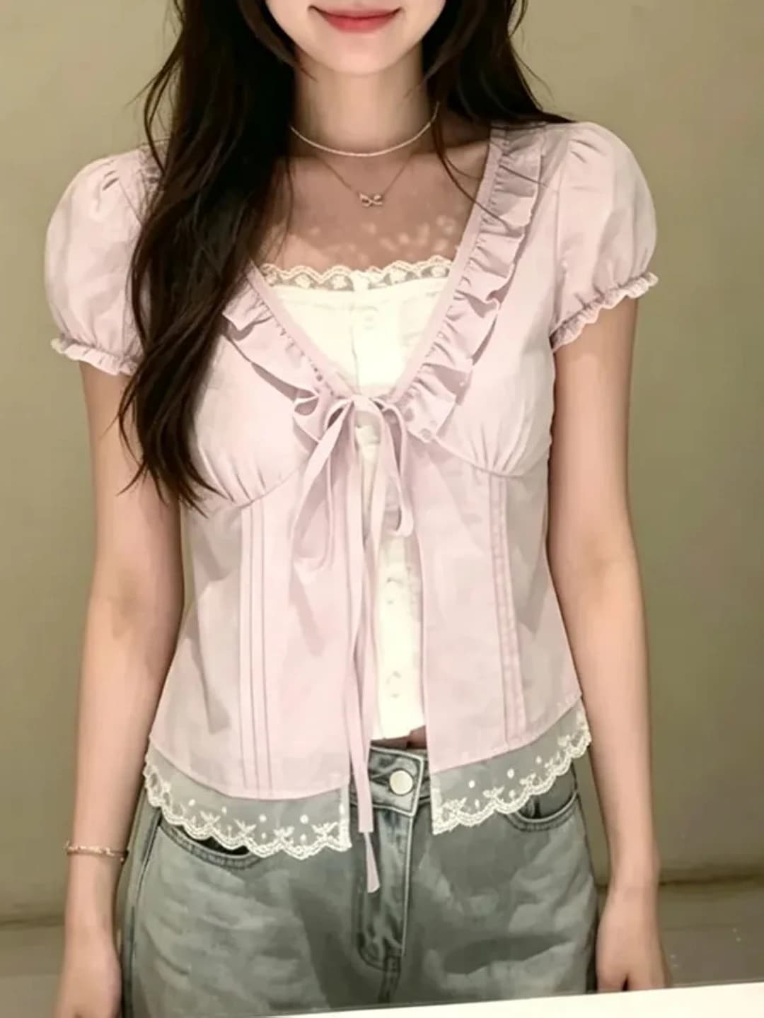Camicia Oversize Stile Dolce con Inserti in Pizzo e Maniche a Sbuffo, Nuova Moda Estiva, Bellissimo Top in Stile Coreano in Fibra di Poliestere