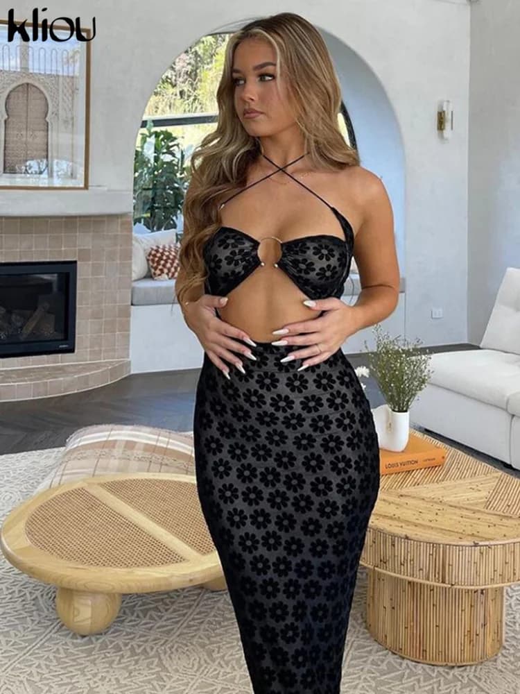 Kliou Halter Mesh Patchwork See Through Maxi Dress Women Sexy Lace Up Sleeveless Cut Out Neckline Robe Partywear Dress