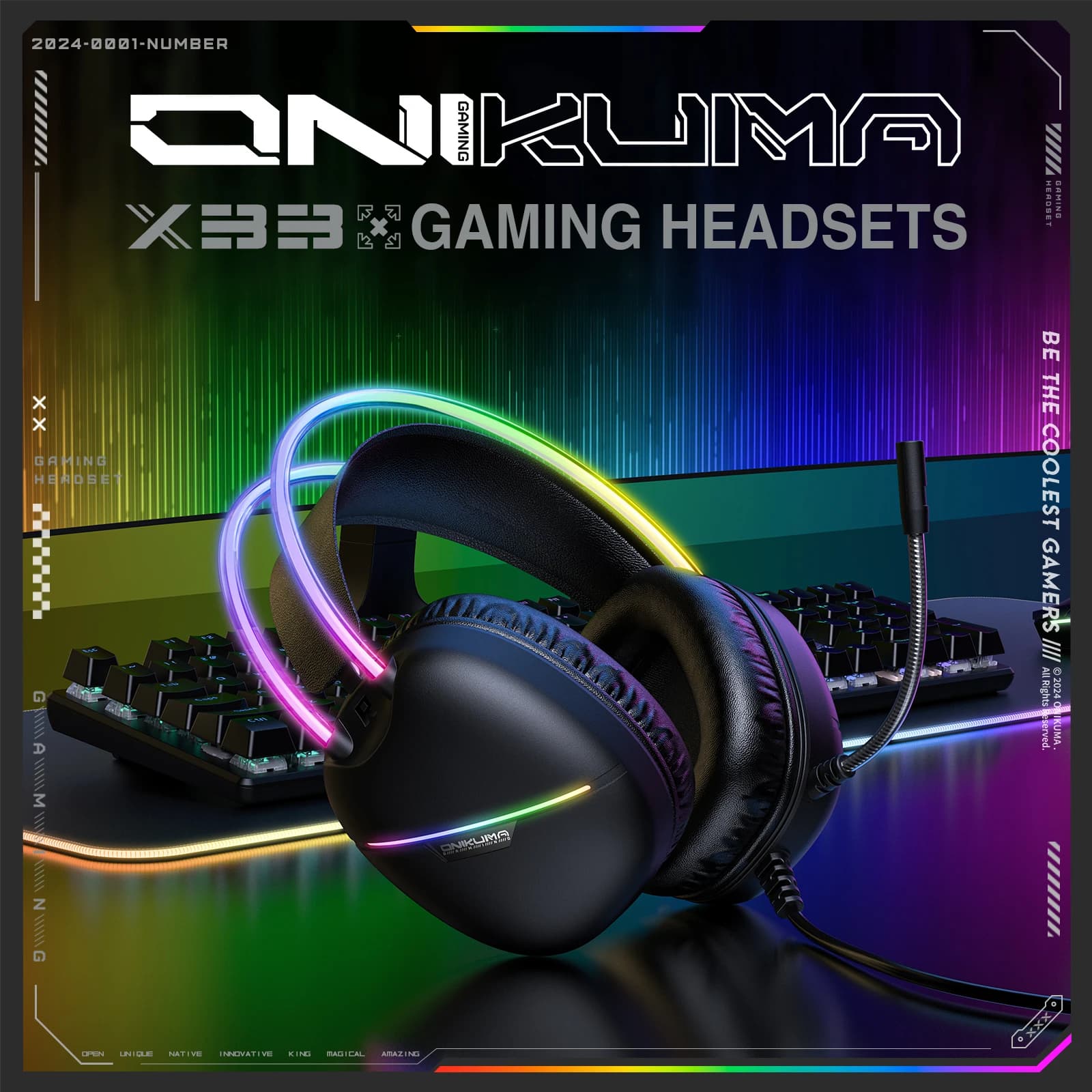 ONIKUMA X33 Cuffie da gioco Cuffie cablate Lettore PC PS4 con luce RGB HD Microfono flessibile Auricolare per giochi per computer