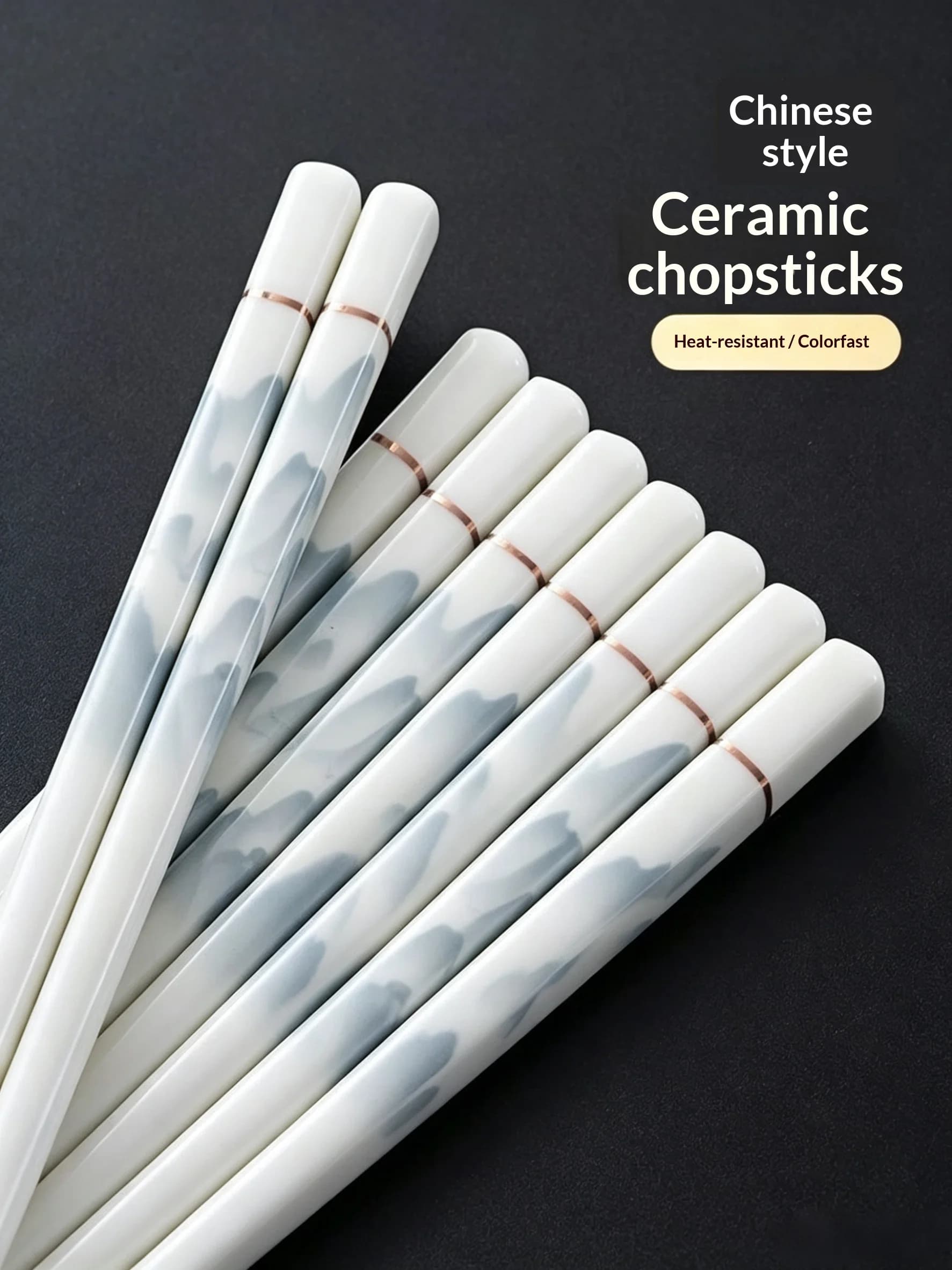 Ten Pairs of Watercolor Chinese-Style Antibacterial, Antifungal, Moisture-Resistant, Heat-Tolerant, High-End Household Ceramic Chopsticks with Non-Slip Texture and Easy to Clean.