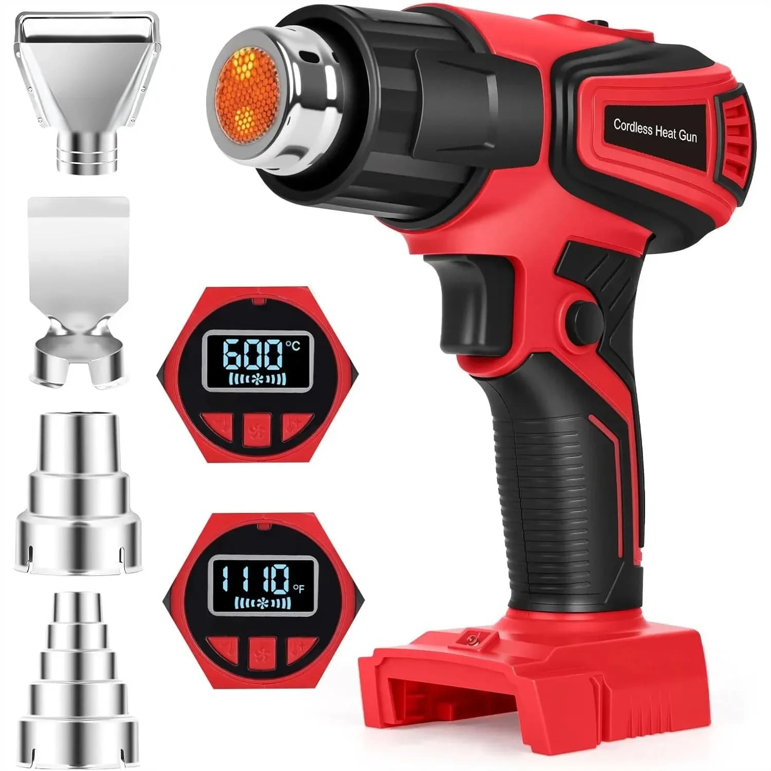 Pistola termica senza fili con display LCD e luce LED, temperatura regolabile 120-1110 ° F, 4 ugelli per tubi termoretraibili fai da te, solo utensile