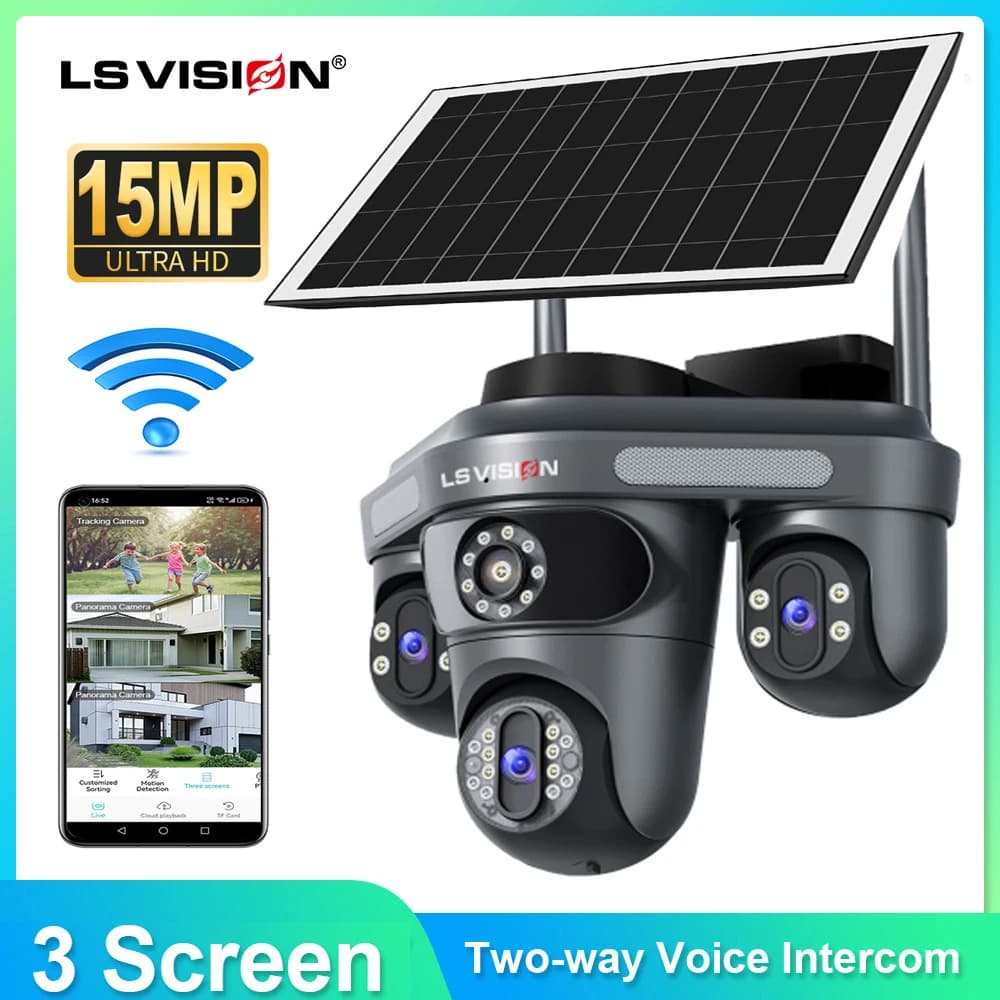 LS VISION Obiettivo multiplo 3 schermi Wifi Sicurezza esterna Telecamera solare Monitor panoramico Sirena mobile Allarme Telecamera CCTV solare