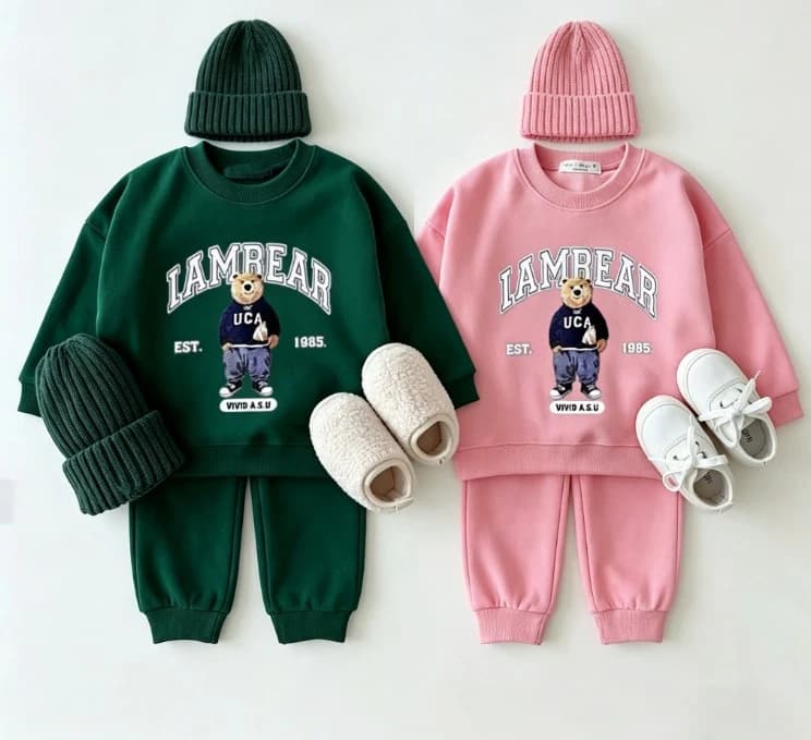 Korean Kids Retro Letter Bear Tracksuit Children Cartoon Bear Crew Neck Sweatshirt With Casual Pants Baby Popular Daily Wear Set