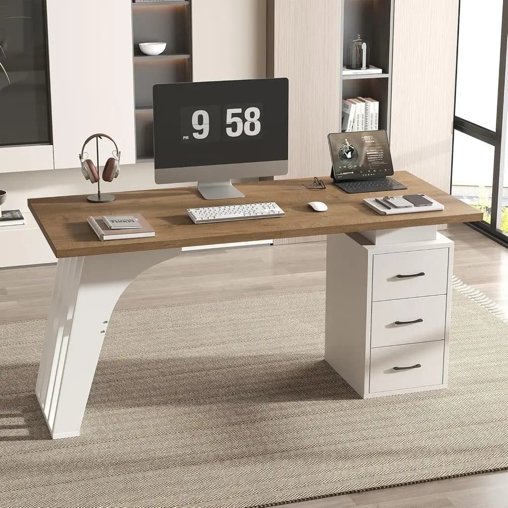 Large Rustic Office Desk with 3 Drawers, Sturdy 55 Inch Manager Desk, Writing Desk with Metal Handles