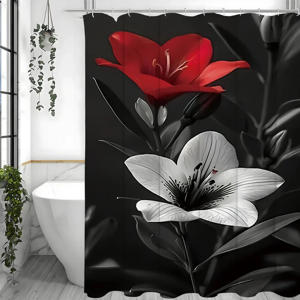 Tenda da doccia nera con fiori rossi e bianchi, tenda da doccia decorativa per il bagno, tenda da doccia impermeabile con ganci