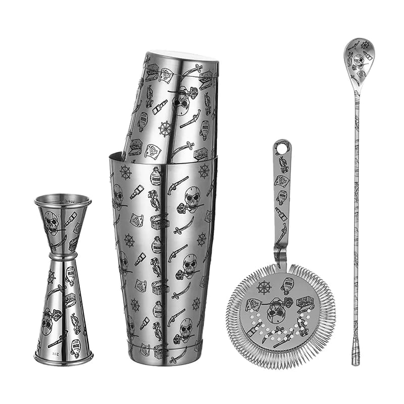 Set Cocktail in Acciaio Inossidabile 5 Pezzi con Shaker, Jigger, Cucchiaio e Colino, Incisione Teschio Rosa / Terra Cotta Army