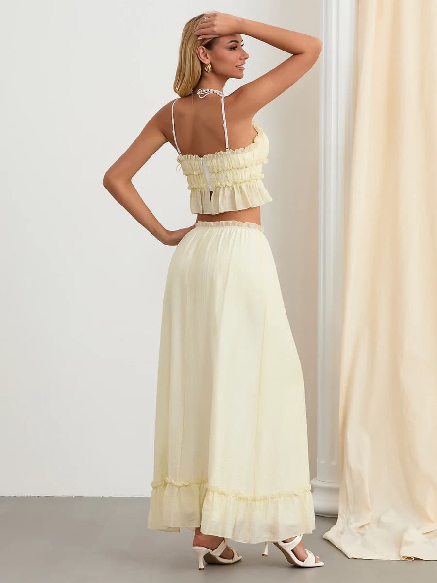Women s 2 Piece Skirt Outfits Sleeveless Ruffle Trim Camisole Long Tie Up Skirt Set
