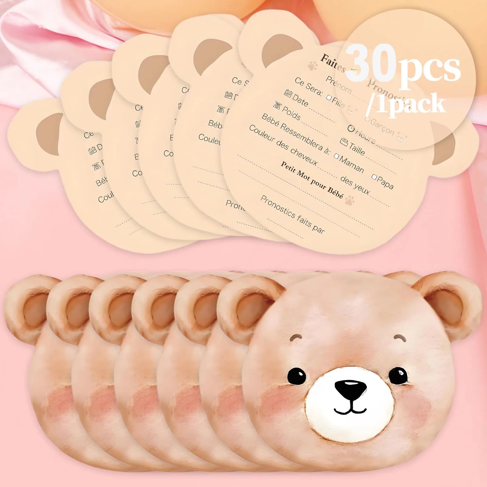 30pcs French Baby Shower Guessing Cards - Cute Bear Shaped Guessing Cards, Predicting (Name, Size, Weight...) and Wishing Birth