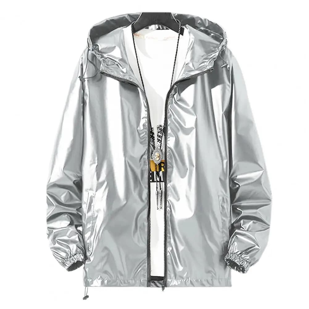 Cappotto da uomo lucido lucido Cappotto da adolescente a maniche lunghe con cappuccio con cordoncini regolabili Maniche con risvolto Giacca da uomo con superficie luminosa