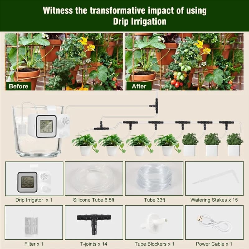 SEWS-Kit automatico per irrigazione a goccia, supporto per 15 piante d'appartamento per interni in vaso, sistema di irrigazione automatico per interni per piante