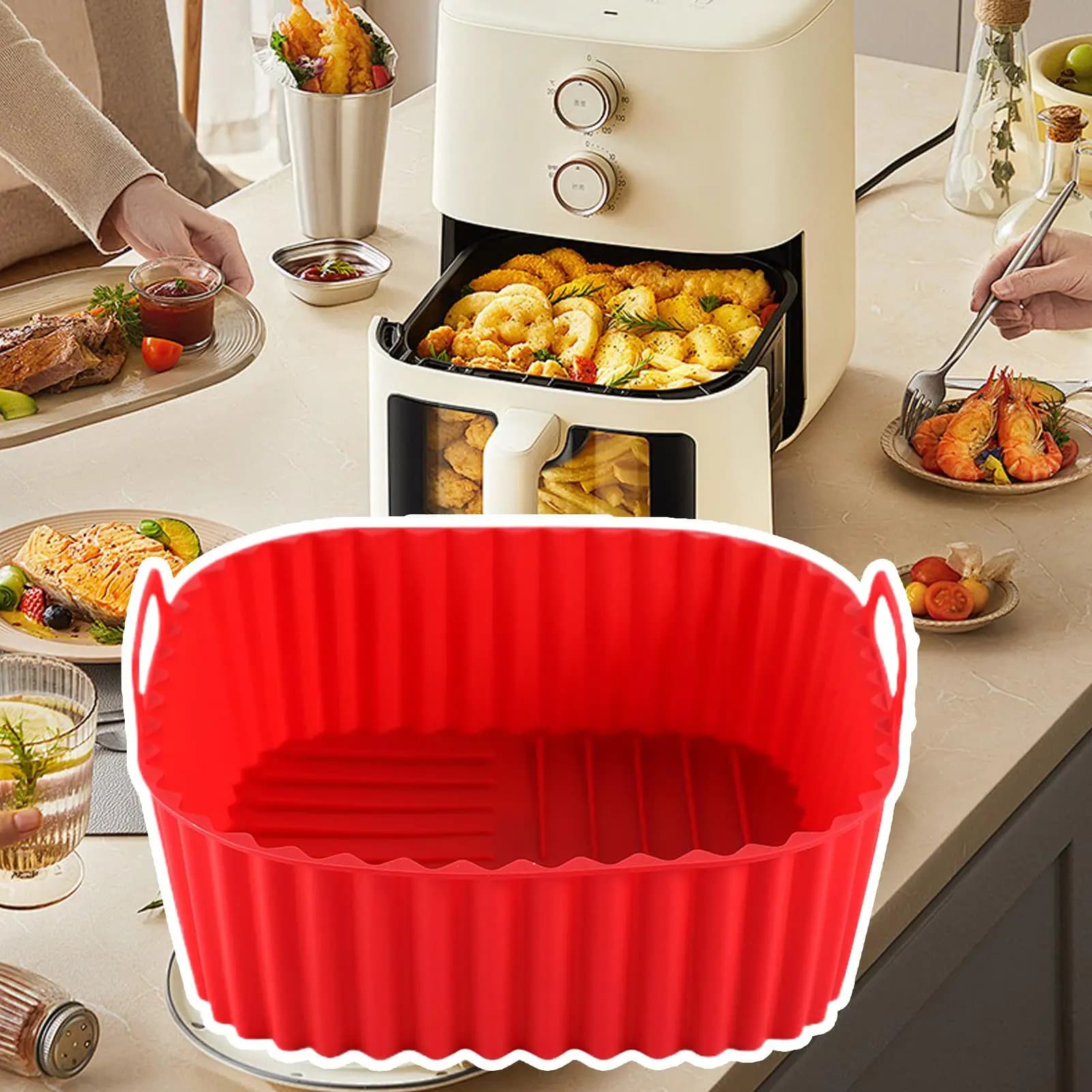 Rivestimenti in Silicone per Friggitrice ad Aria, Vaso in Silicone Riutilizzabile per Friggitrice ad Aria, Rivestimenti in Silicone per Friggitrice ad Aria Sicuri per Alimenti Antiaderenti per Cucinare e Arrostire