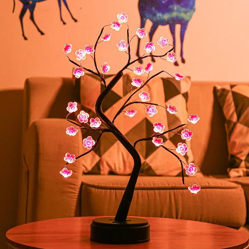 Decorazione domestica Interruttore tattile alimentato tramite USB/batteria Bianco caldo Bonsai artificiale Fiore di ciliegio Lampada da tavolo a LED per albero