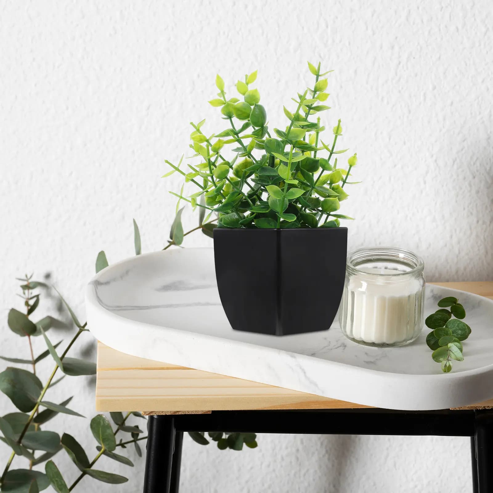 Set of 4 Artificial Plants in Black Vase, Mini Indoor Plants, Office, Bathroom, Home Decoration, Fin Succulent