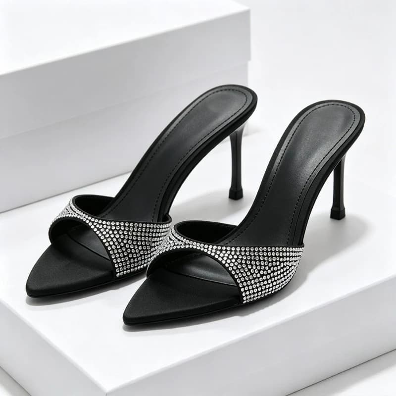 Slippers with heel signed with rhinestones Woman 2026 New slides open toe Women's casual dress Sandals with high gloss luxury heel Woman