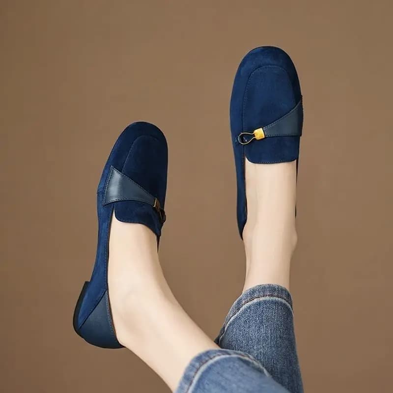 Mocassini vintage blu da donna con suola morbida, comodi, da ufficio, con tacco basso, slip-on.