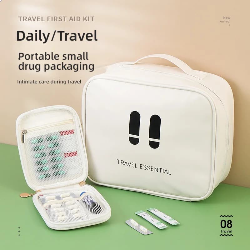 Mini kit di pronto soccorso portatile in pelle da viaggio - Organizer compatto e leggero per pillole mediche, borsa di stoccaggio medica di emergenza per la casa/