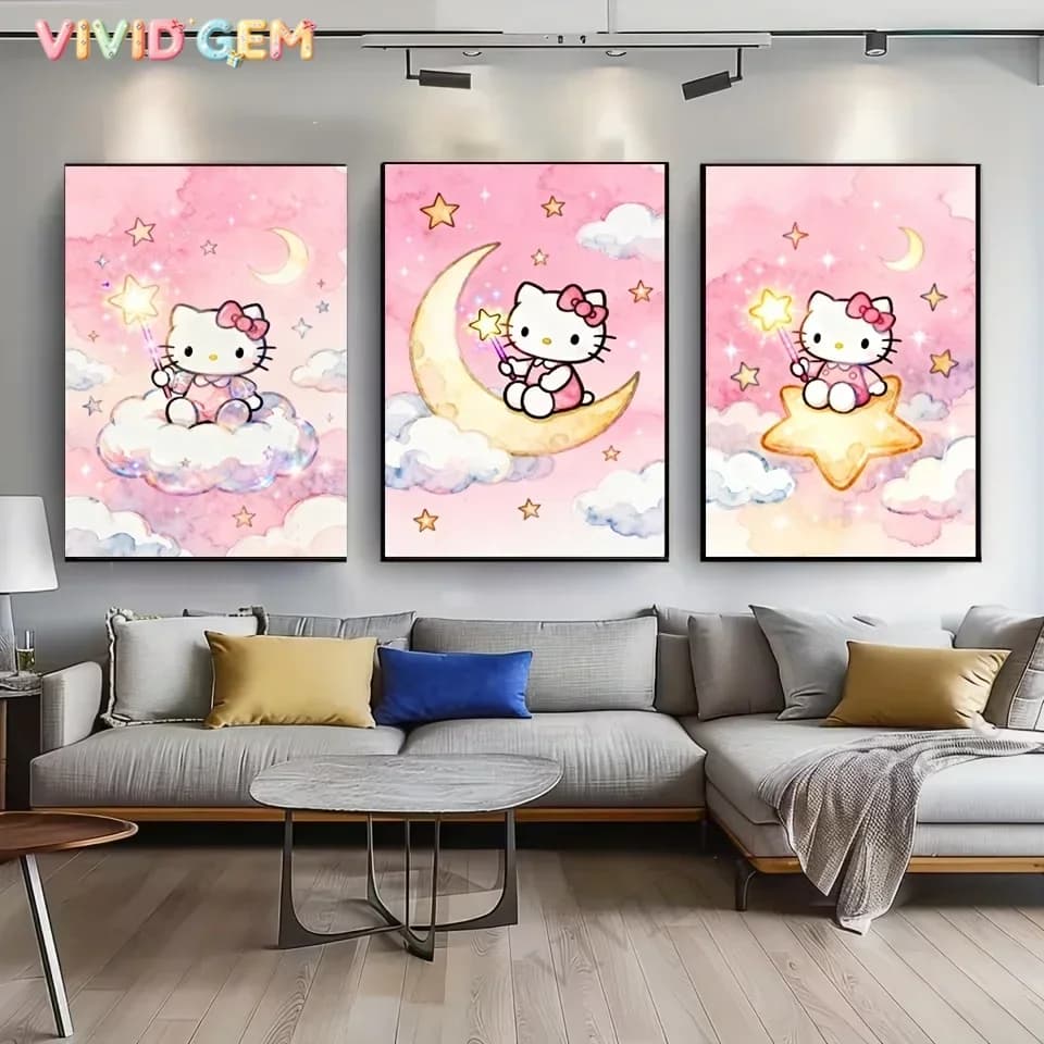 VIVID GEM Sanrio Cartoon Anime Moon Stars Hello Kitty Diamond Painting HelloKitty DIY Home Art Decoration & Handmade Creative
