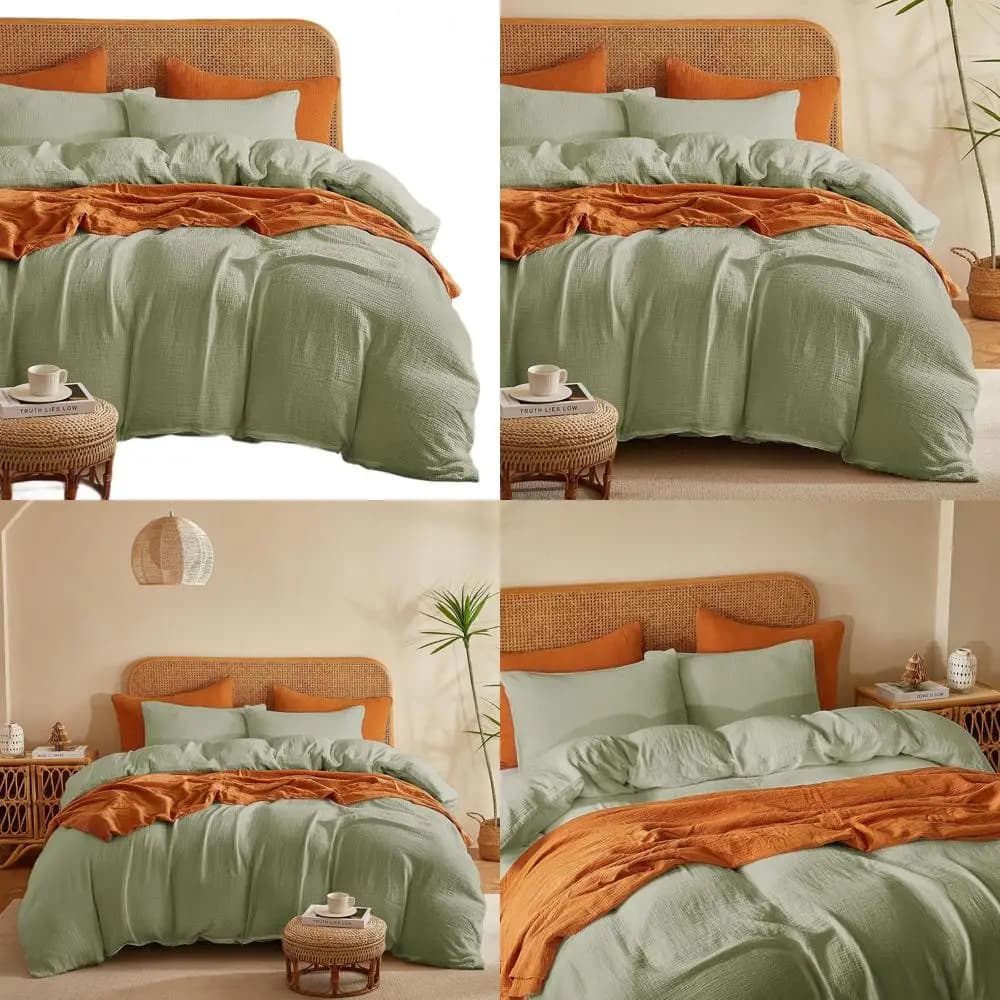 100% cotton Queen Size washed mosss headdress set, 3 piece bed linen similar to green sage linen with zipper, 90x90