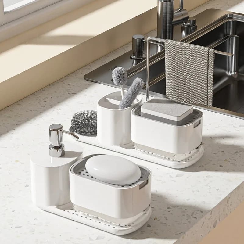 Dispenser di sapone per piatti a mano Porta asciugamani in spugna Vassoio di scarico per lavello Contenitore per pompa per sapone liquido Accessorio per il bagno Organizzatore da cucina