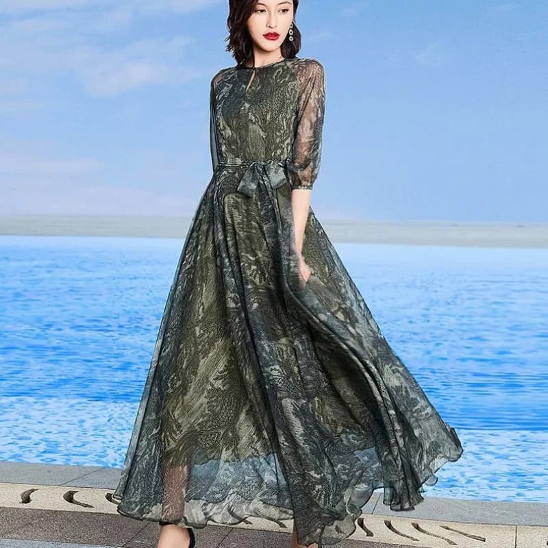 Abito lungo in chiffon a ampia gonna da donna, nuova collezione Estate 2026, elegante, di alta moda, che ringiovanisce e snellisce