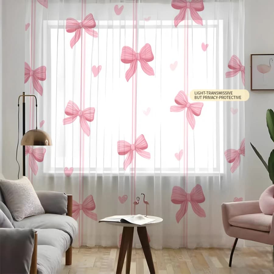 2PCS Digital Print Sheer Curtain, Vertical Stripe Pink Bow, Boho Chic Window Curtains for Living Room Bedroom Home Decor