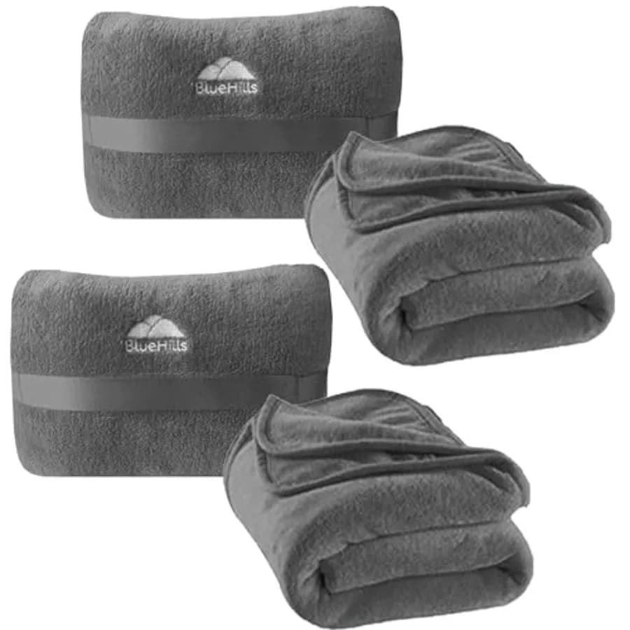Set Premium di 2 Coperte da Viaggio con Cuscino in Mini Custodia Morbida, Coperta in Peluche per Aereo in Borsa, Cuscini Compatti per Bagaglio, Regali L