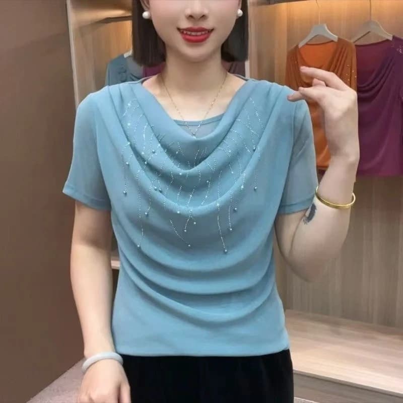 Abbigliamento estivo da donna a maniche corte, semplice, con fiore tridimensionale, tinta unita, in rete di seta brillante con perline, top da donna, t-shirt.