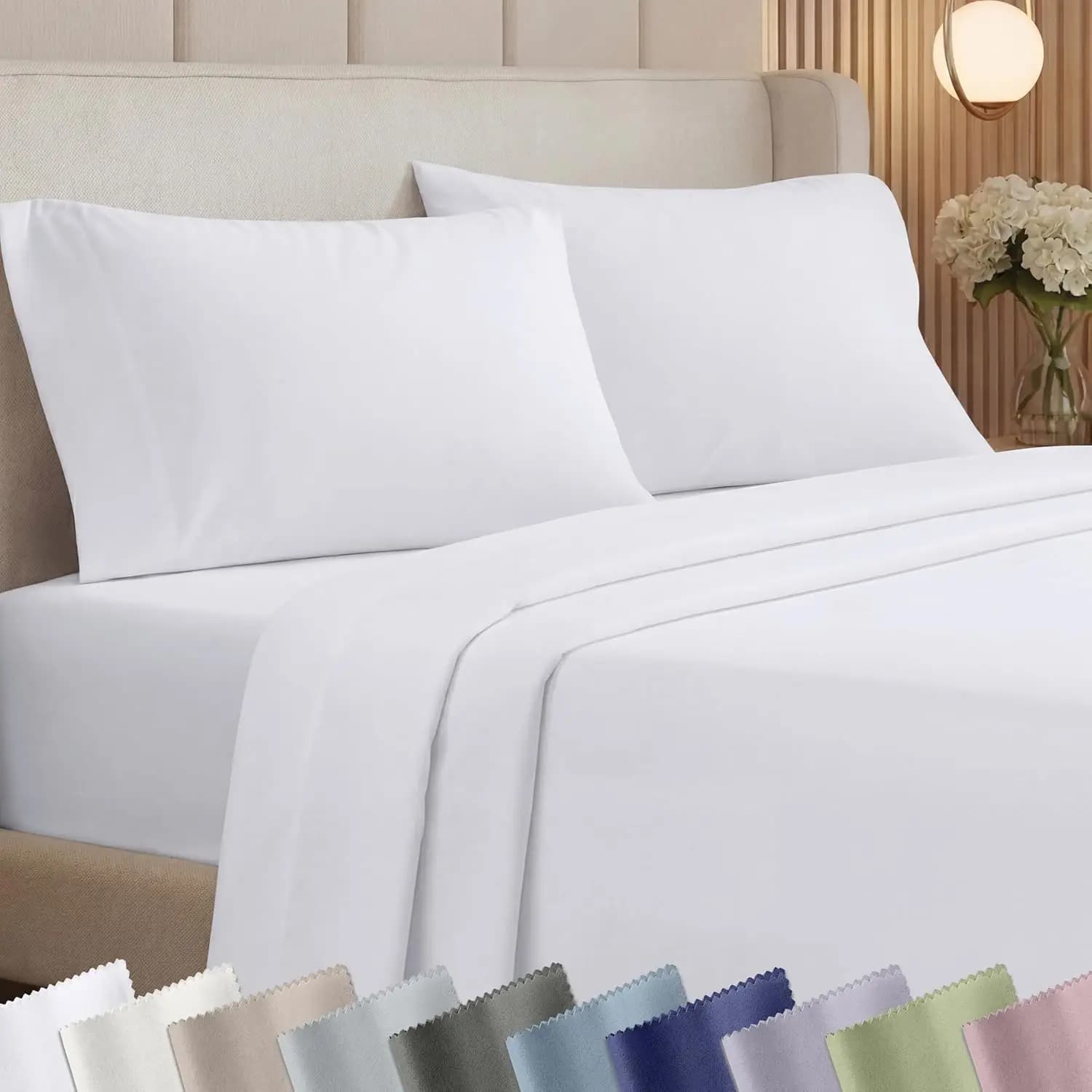Set di Lenzuola Queen Size Bianche, Tasche Profonde, 1000 Fili, Raso di Cotone Naturale 100%, Lenzuola Spesse e Resistenti