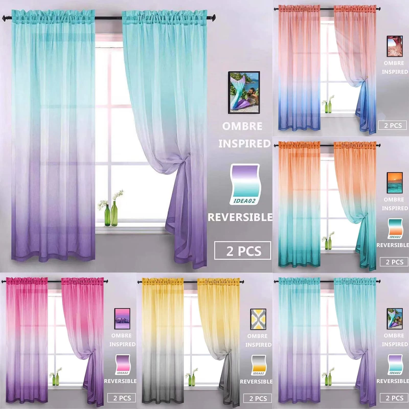 2 pcs. Transparent voile curtains color shaded per bedroom, hotel, rustic pastoral style, tulle panel tent for French window