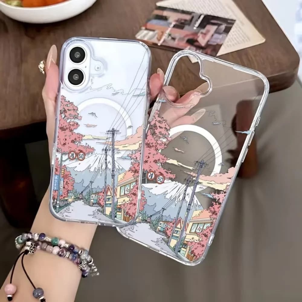 Anime Japan Scenery Clear Phone Case For iPhone 18 17 16 15 14 13 12 Pro Max Plus Sakura Mount Fuji Art MagSafe Shockproof Cover