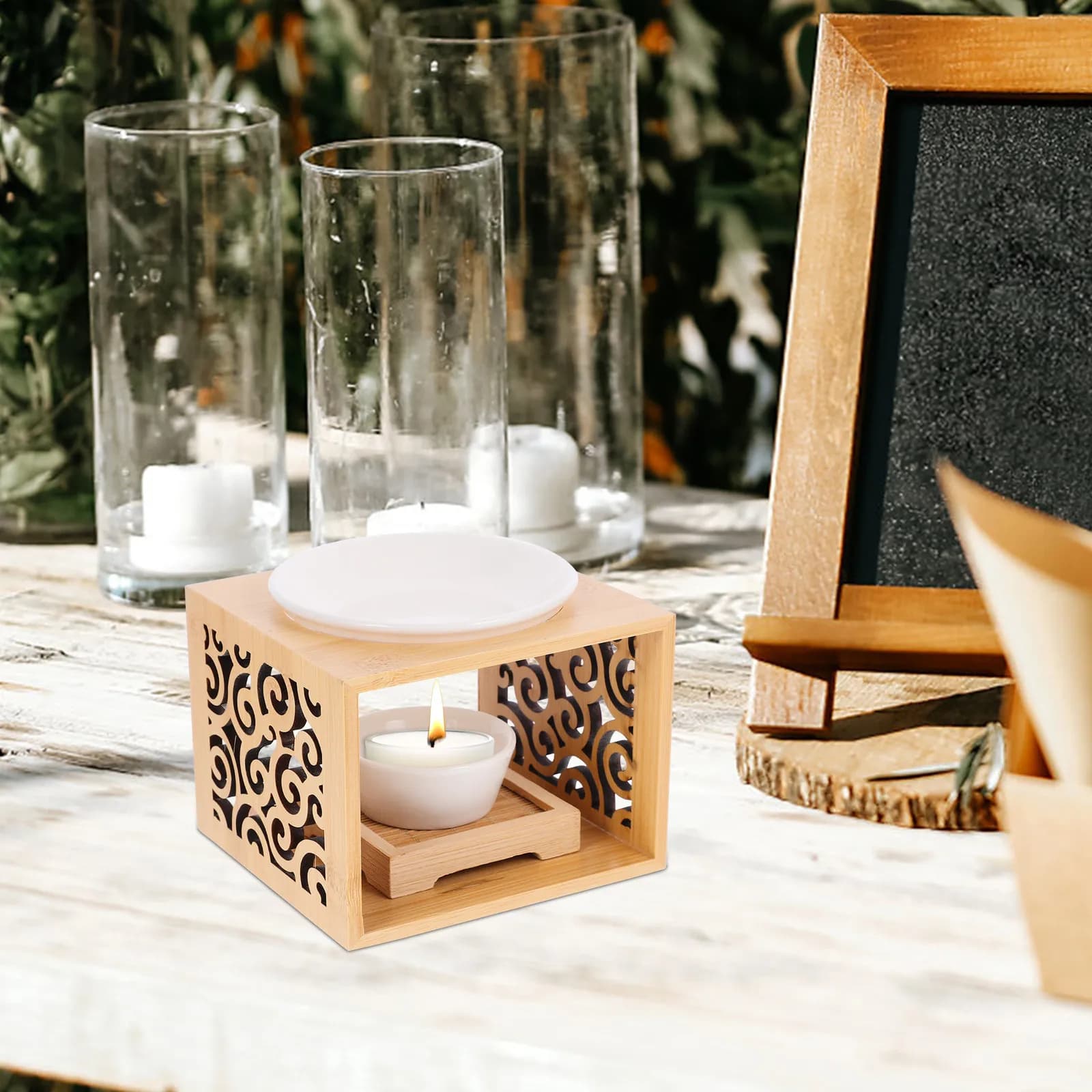 1Pcs Wooden Hollow Aroma Burner Essential Oil Diffuser with Ceramic Tray 60Ml Water Capacity for Home Decor Aromatherapy