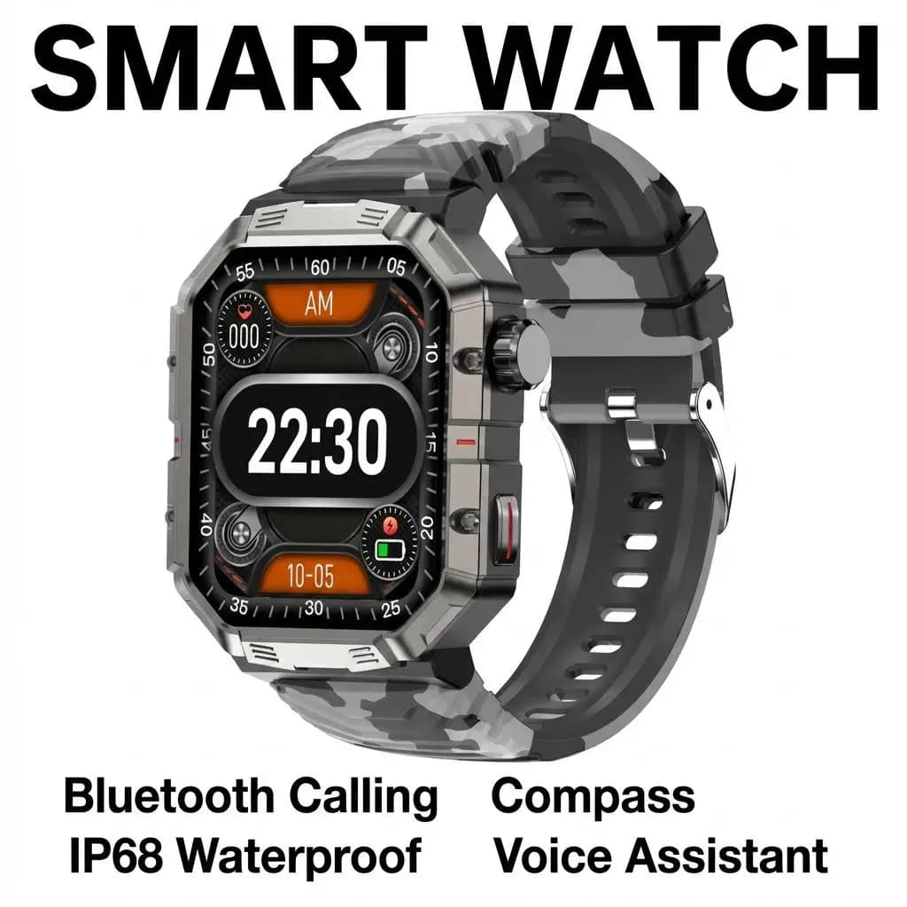 GW55 Sporty Smartwatch for Men, Large Screen 2,02 Inch, BT Calls, Compass, Waterproof 3ATM IP68, Health Monitoring, Vocal Assistant AI