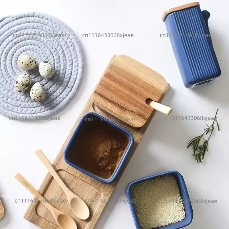 Ceramic Seasoning Jar Set Square Straight Grain Household Kitchen Condiment Storage Container