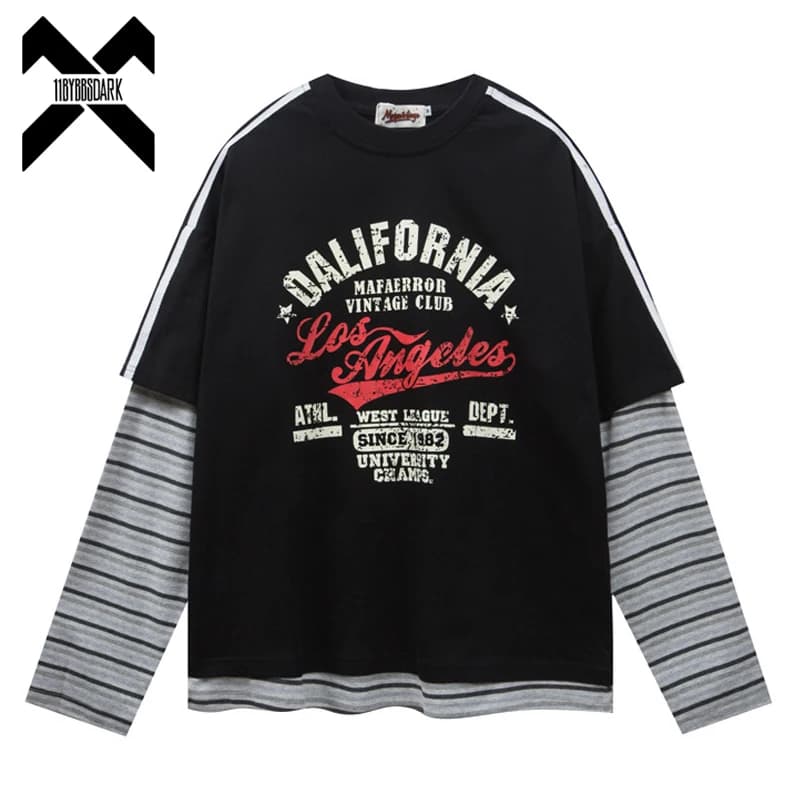 T-shirt vintage a maniche lunghe Y2K Hip Hop grafica stampata finta 2 pezzi maglietta da uomo streetwear Harajuku cotone allentato top tees