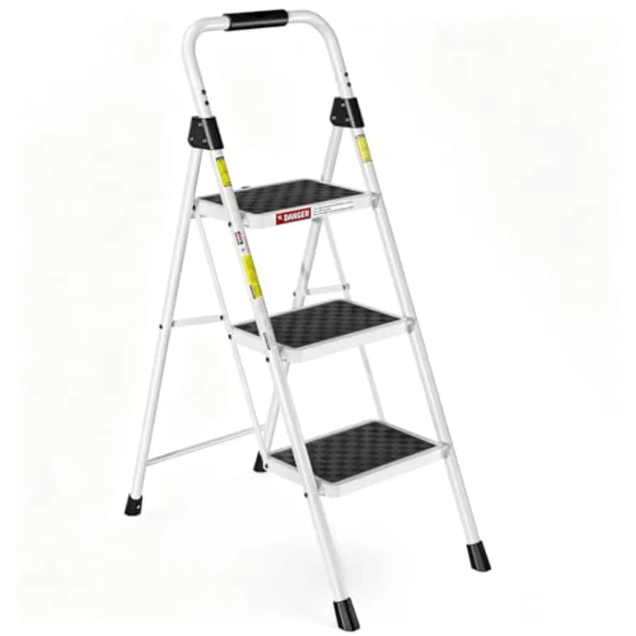 Sgabello a 3 Gradini per Adulti, Pieghevole con Impugnatura Imbottita e Pedale Largo Antiscivolo, Design Ergonomico