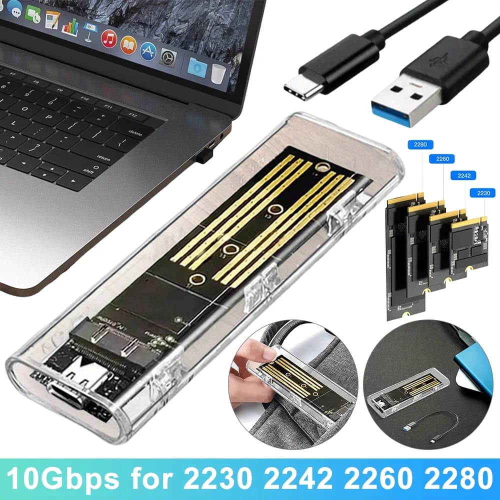 M.2 NGFF SATA Tipo C USB 3.1 Scatola per disco rigido Custodia per disco rigido SSD esterna trasparente da 10 Gbps per 2230/2242/2260/2280