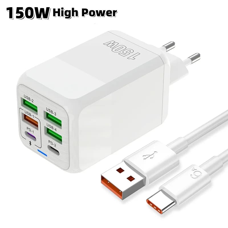 Caricatore da viaggio QC3.0 a ricarica rapida totale da 150 W a 6 porte per iPhone 16 Samsung Xiaomi Adattatore da parete per telefono cellulare con spina UE USA UK