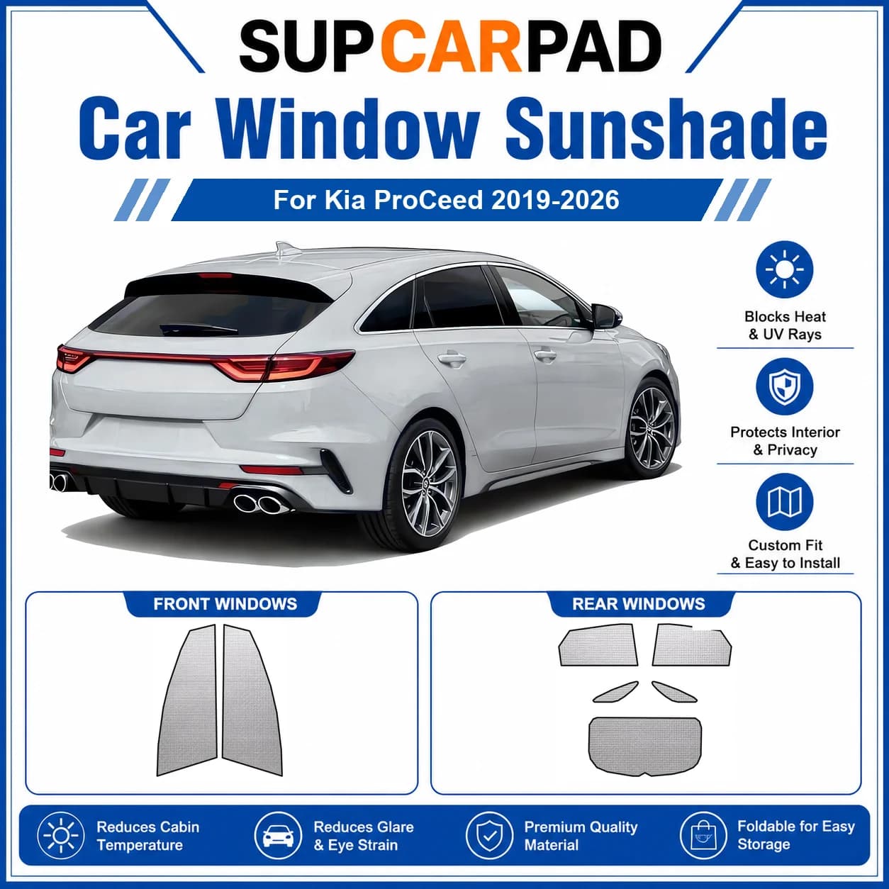For Kia - Kia ProCeed 2019-2026 Full Set Car Window Sunshades UV Block Privacy Heat Insulated Foldable Car Curtain
