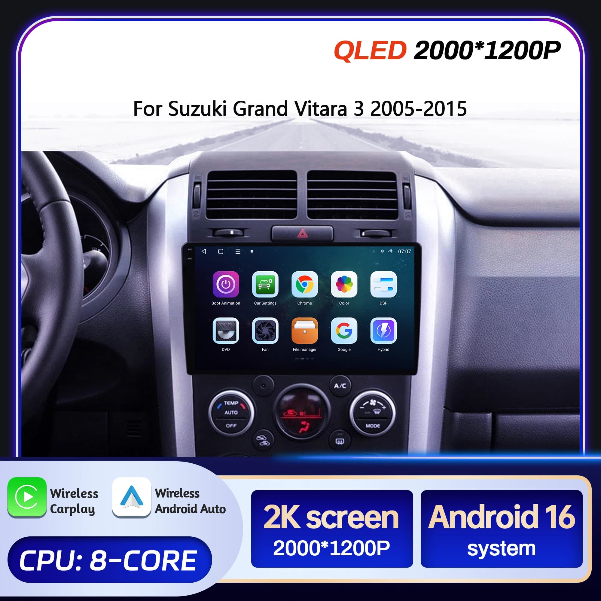 9inch Car Radio For Suzuki Grand Vitara 3 2005-2015 BT Carplay Android 16 Multimedia Navigation Head Unit 2K QLED Screen