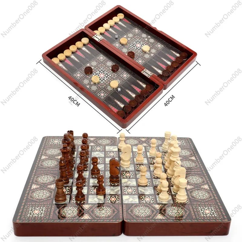 Set di Scacchi in Legno 3-in-1 da 40cm, Gioco da Tavolo Multifunzionale per Bambini, Confezione Regalo Educativa per l'Interazione Familiare