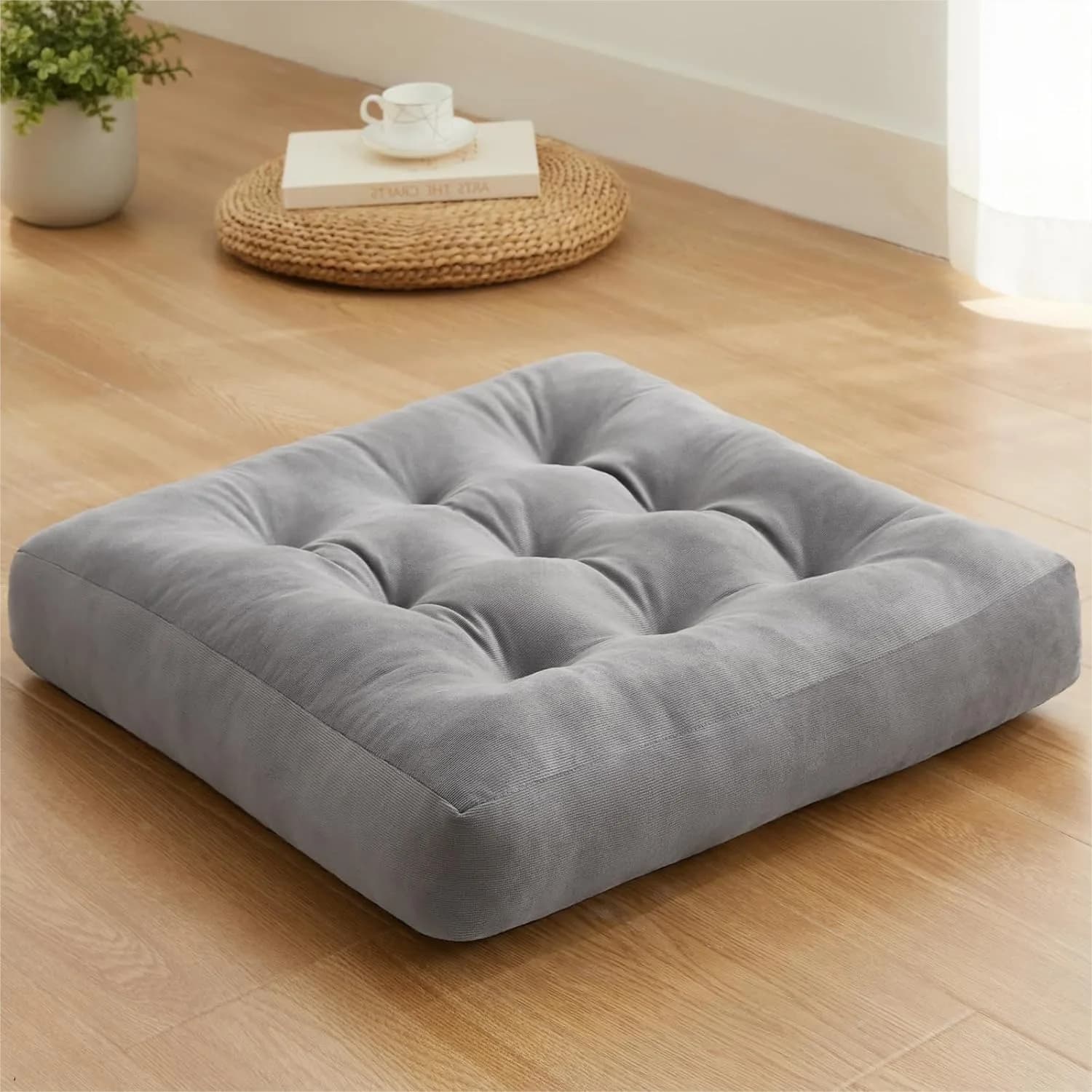 Meditation Floor Pillow Set of 1, Square Large Cushion for Seating, Tufted Corduroy Cushion for Tatami Living Room or Yoga