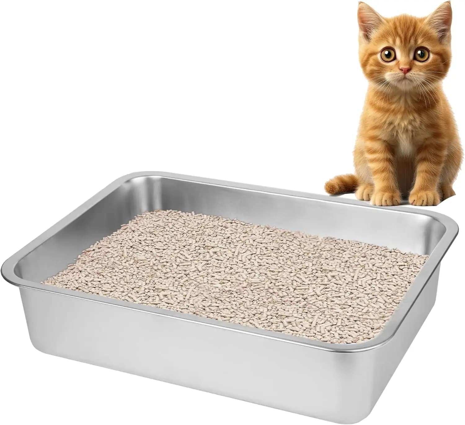 Lettiera per Gatti in Acciaio Inossidabile per Gatti di Taglia Grande, 17.5x13.6x4.1 Pollici, Vassoio in Metallo Facile da Pulire