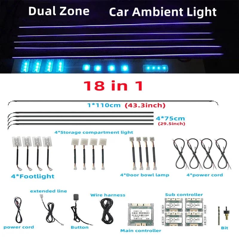 Universale 18 in 1 doppia zona LED luce ambientale per auto RBG 64 colori interni striscia acrilica retroilluminazione guida decorazione lampada atmosfera