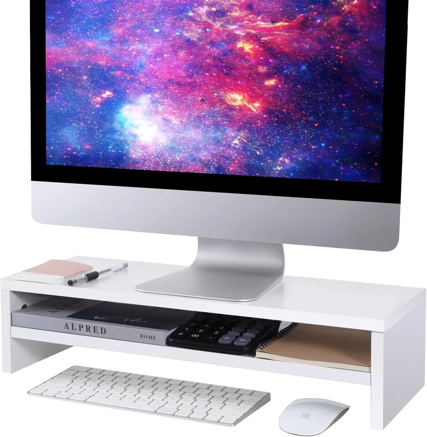 Supporto per monitor bianco, 21,6 pollici, 2 livelli, mensola da scrivania in legno, supporto per schermo del computer con spazio di archiviazione per desktop, laptop/schermo/TV