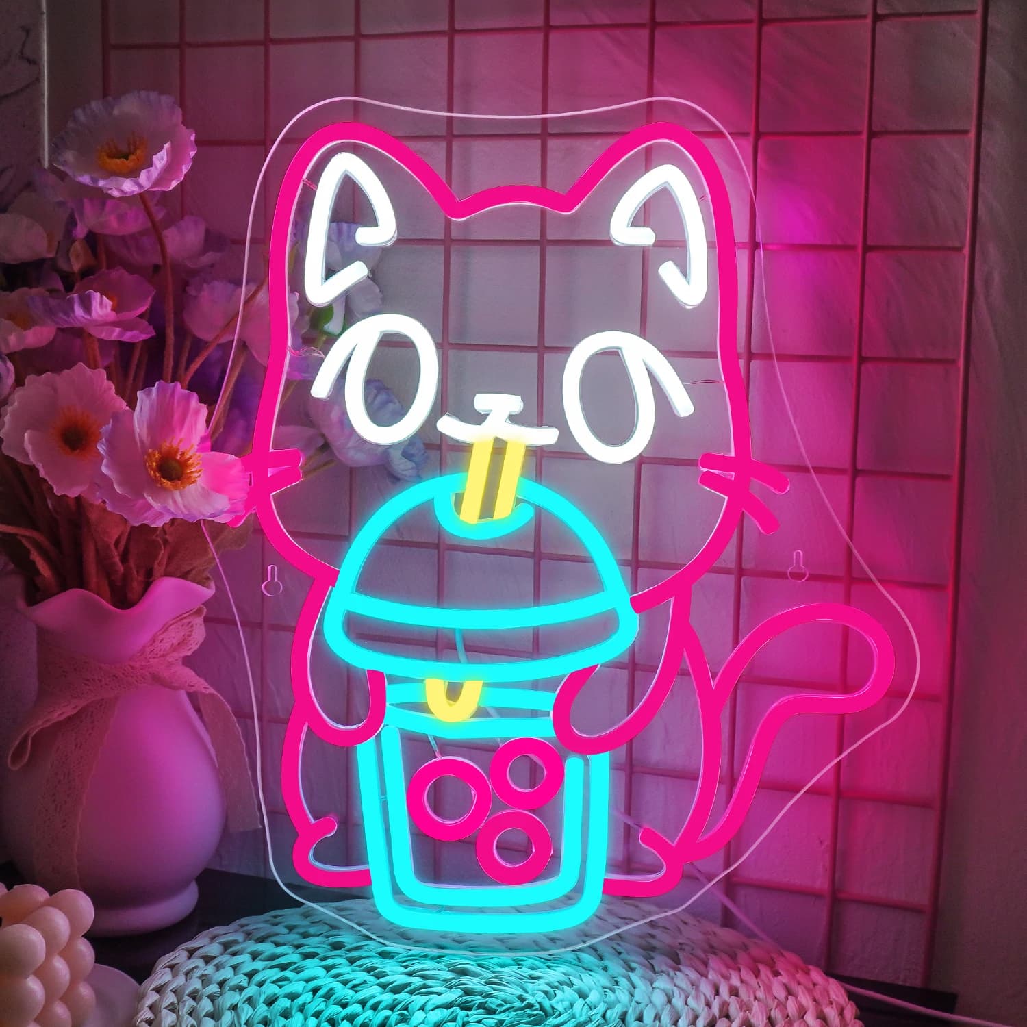 Boba Tea Insegna al neon per la decorazione della parete Gatto Bubble Tea Luci a LED Decorazione della stanza per affari Negozio di dessert Bar Club Negozio aziendale