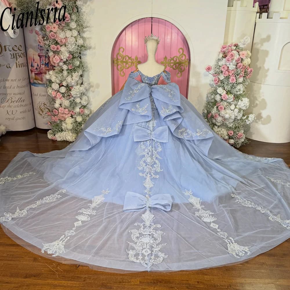 Light Blue Quinceanera Dresses Ball Gown Off Shoulder Sweet 16 Vestido de 15 Anos Silver Beaded Cinderella Puffy Prom Dress