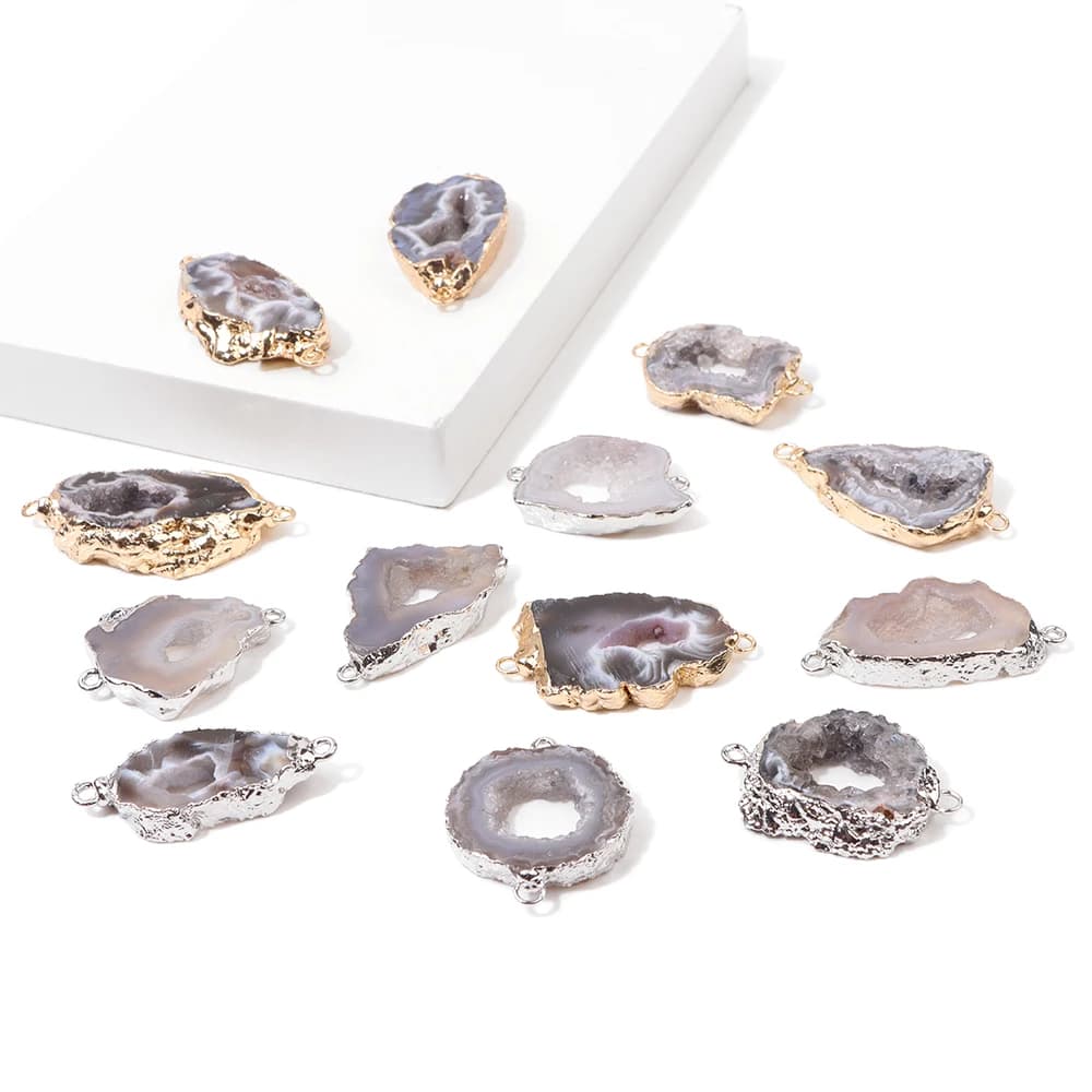 2 pz/lotto naturale piatto Druzy agate pendenti irregolari doppi fori connettore Charms ciondolo per orecchini collane braccialetto fai da te