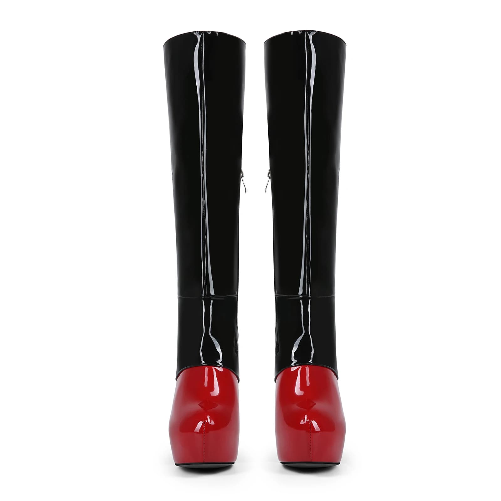 Frankie Hsu Goth Sexy Stiletto Platform Handmade Knee High Heeled Boot, Black Red Patent Gothic Punk Hot Girl Big Large Size Wide Calf Long Lace Up Boots For Women Men