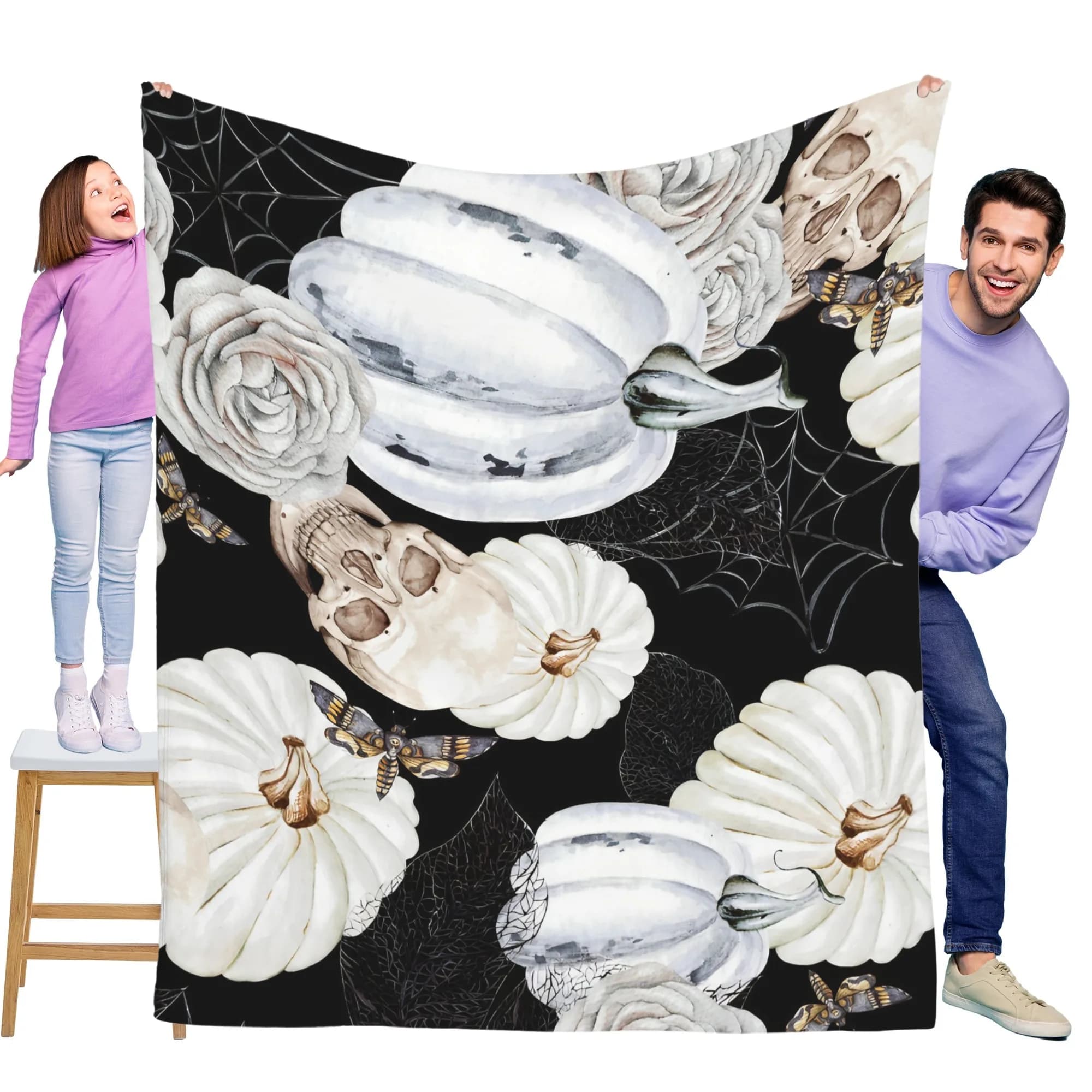 Coperta in flanella acquerello zucca bianca scheletro di Halloween scuro morbida e calda, perfetta per divano, letto, ufficio e viaggi